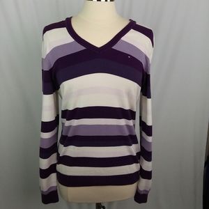 Tommy Hilfiger V Neck Purple/White Stripped Sweater, Large